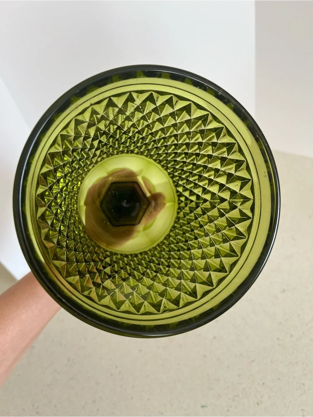 Indiana Glass Diamond Point Green Compote Pedestal Vase /Planter 11” Mid Century